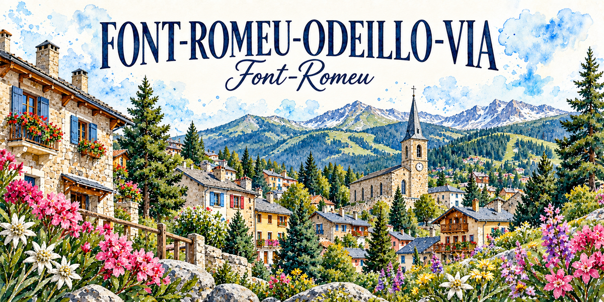 Font-Romeu-Odeillo-Via en aquarelle, avec la mention Font-Romeu : des maisons de pierre à volets bleus et balcons fleuris à gauche, le clocher à flèche de l'église et son horloge au centre, de grands sapins, le village étagé aux toits d'ardoise, les montagnes boisées de Cerdagne au fond, edelweiss, rhododendrons et fleurs de montagne au premier plan