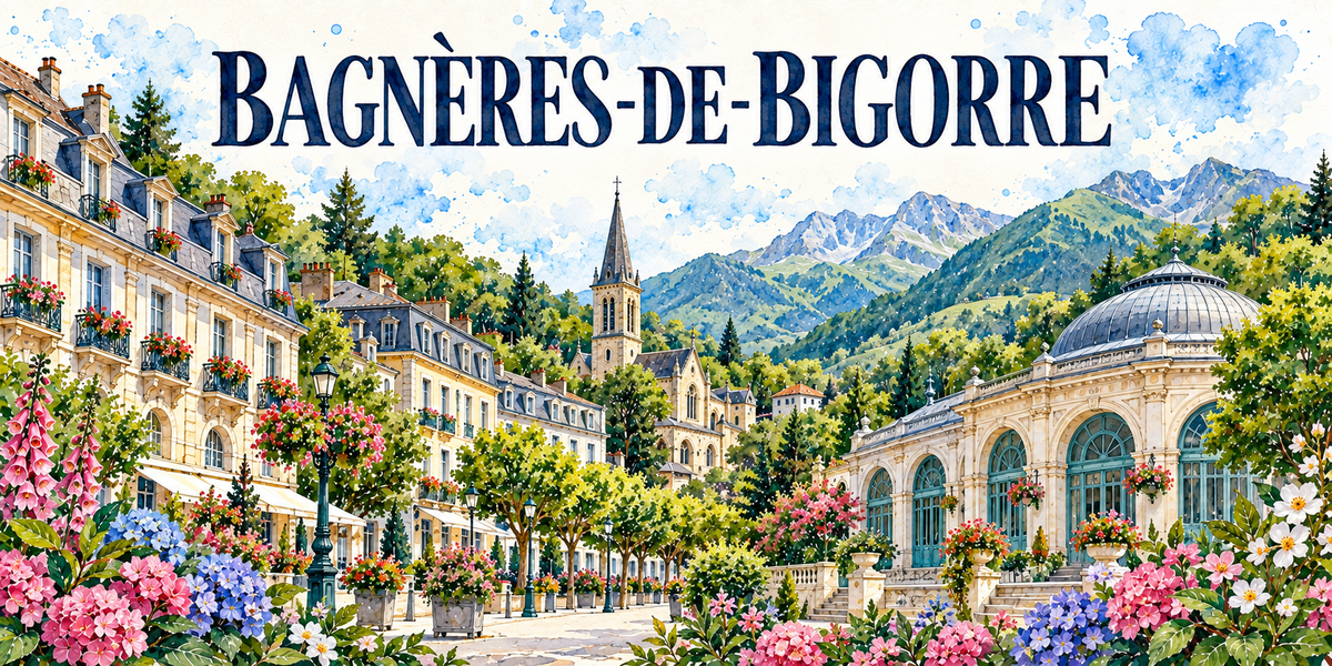 Bagnères-de-Bigorre en aquarelle : à gauche les immeubles à galeries et balcons de fer forgé bordant une allée plantée d'arbres et de lampadaires, le clocher à flèche de l'église au centre, à droite un grand édifice thermal à coupole de verre et baies cintrées turquoise, les Pyrénées boisées au fond, hortensias et rosiers au premier plan