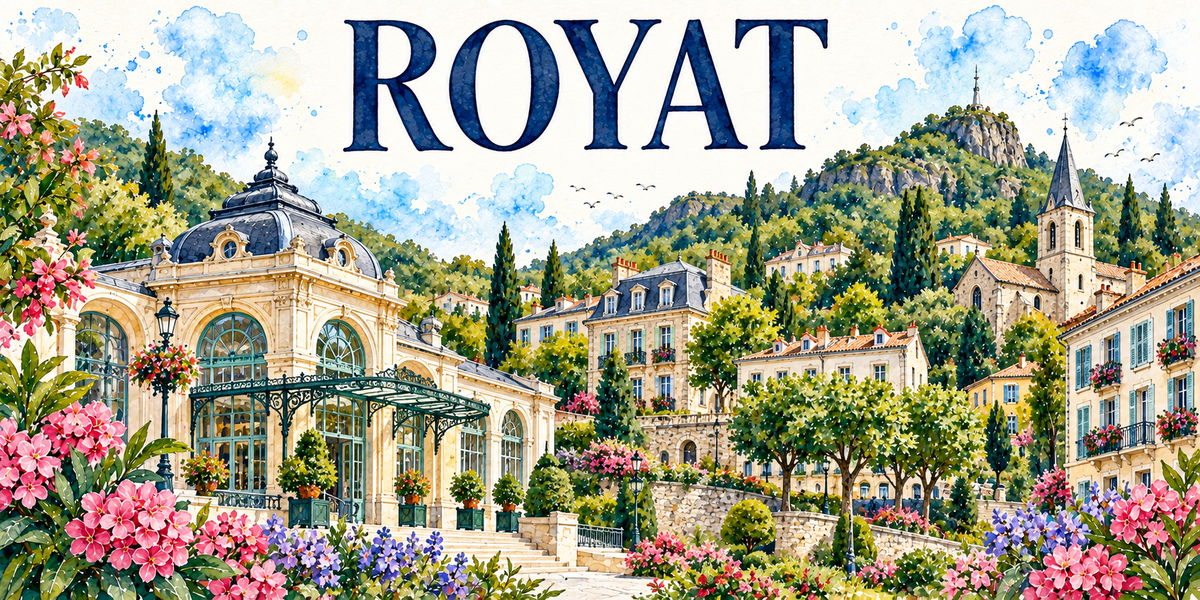 Royat en aquarelle : à gauche un édifice thermal Belle Époque à coupole d'ardoise, grandes baies cintrées vitrées et marquise de fer forgé vert, les villas et immeubles à toits d'ardoise, l'église fortifiée et son clocher au centre droit, la colline boisée couronnée de rochers au fond, lauriers-roses et lavandes au premier plan