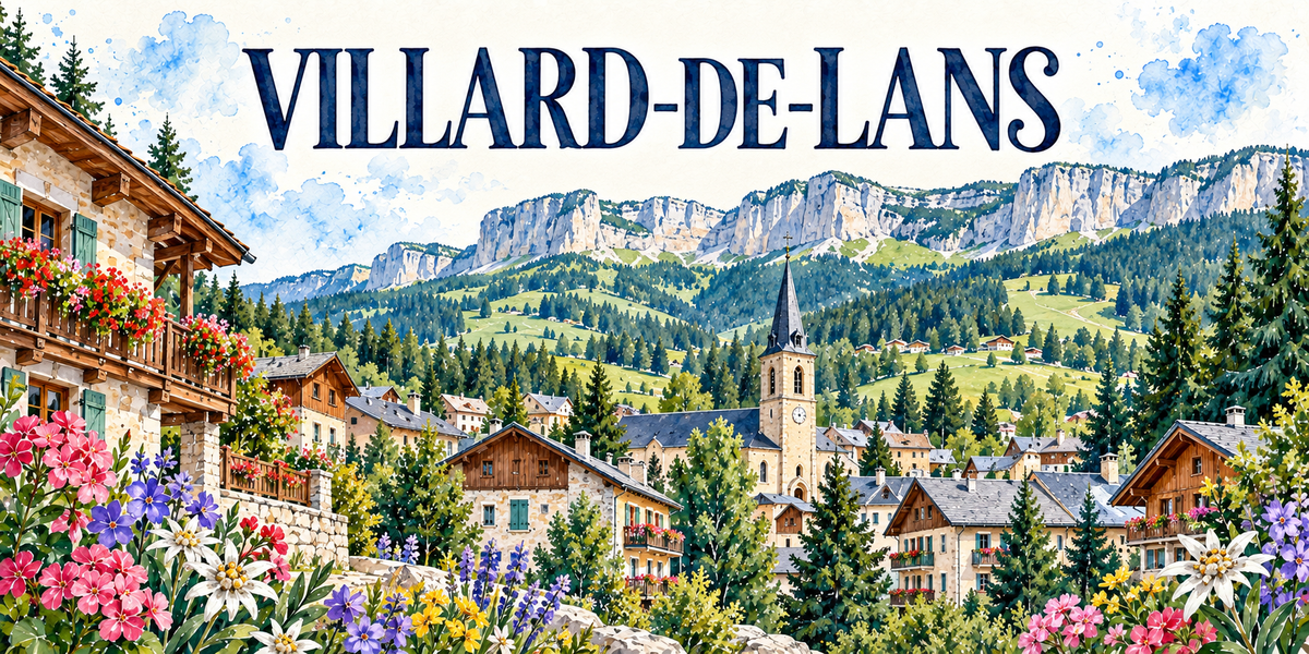 Villard-de-Lans en aquarelle : un chalet de bois à balcon fleuri à gauche, les maisons de pierre et les chalets aux toits d'ardoise, le clocher à flèche et son horloge au centre, les prairies et les épicéas, la grande barre de falaises calcaires du Vercors qui ferme l'horizon, edelweiss, gentianes et fleurs de montagne au premier plan