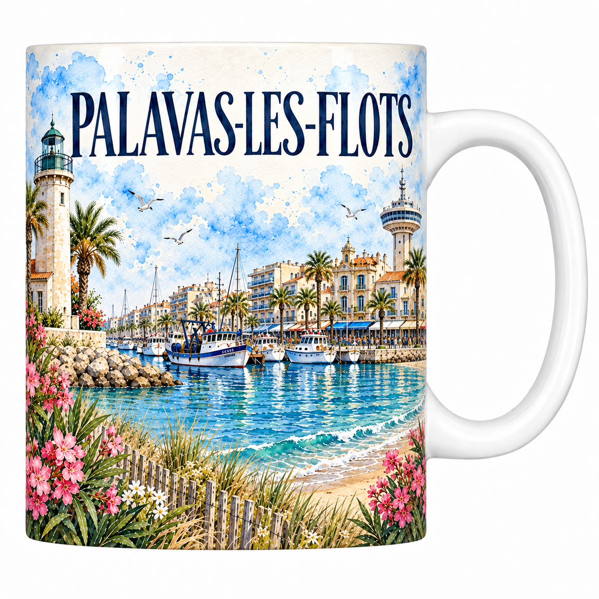 Mug céramique 330 ml Palavas-les-Flots : le phare, le canal et la plage en aquarelle