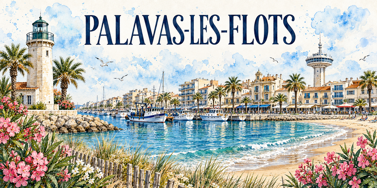 Palavas-les-Flots en aquarelle : un phare blanc à lanterne verte entouré de palmiers à gauche, le canal et ses chalutiers bleu et blanc à quai, les immeubles du front de mer avec leurs terrasses et leurs parasols, la plage de sable et les vagues, une tour panoramique à droite, lauriers-roses et ganivelles au premier plan