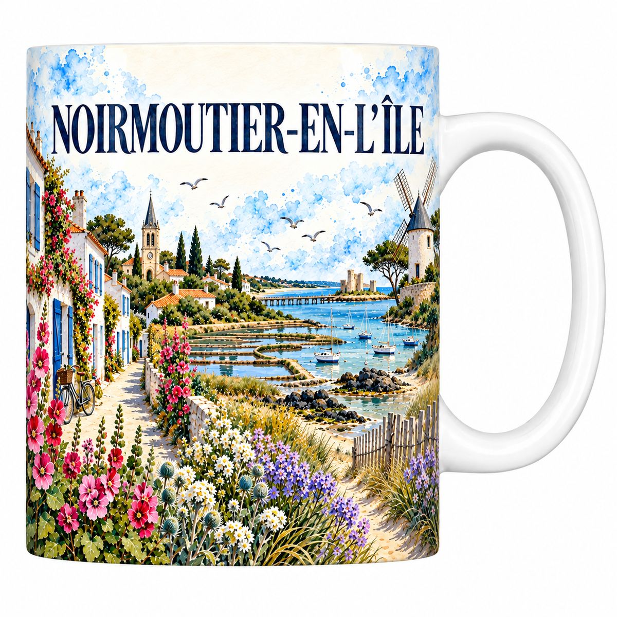 Mug céramique 330 ml Noirmoutier-en-l'Île : les marais salants et le village en aquarelle