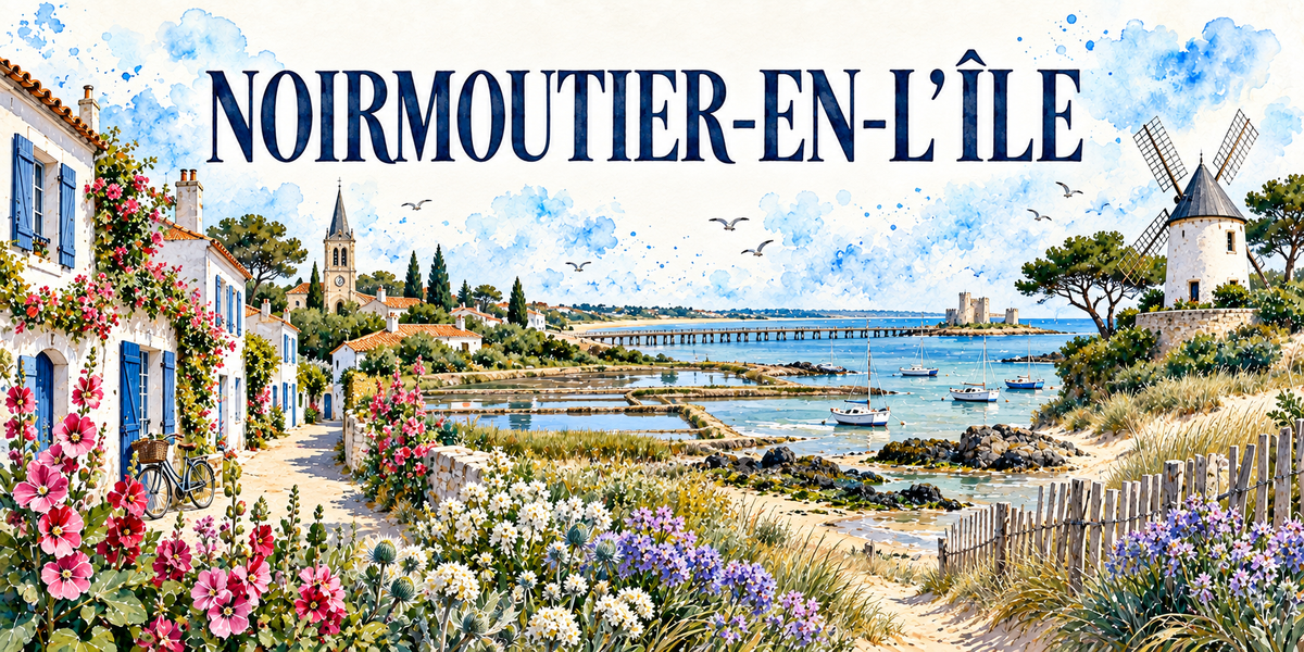 Noirmoutier-en-l'Île en aquarelle : les maisons blanches à volets bleus bordées de roses trémières et un vélo à panier à gauche, le clocher à flèche de l'église, les marais salants et leurs tas de sel au centre, des voiliers échoués, une jetée de bois sur l'eau, un moulin à vent à droite, des pins parasols et des ganivelles