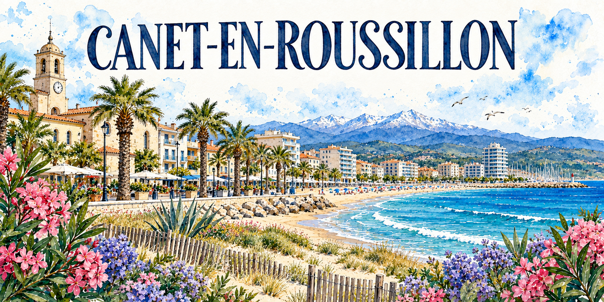 Canet-en-Roussillon en aquarelle : le clocher à campanile et son horloge à gauche, les façades et les terrasses sous parasols, les grands palmiers de la promenade, la plage en arc et ses enrochements, les mâts du port à droite, le Canigou enneigé au fond, lauriers-roses, agapanthes et agaves au premier plan