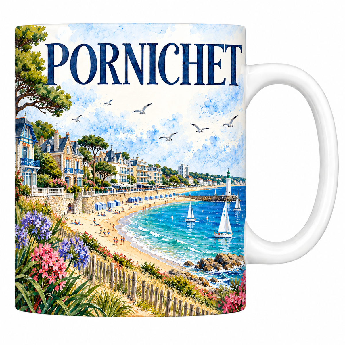 Mug céramique 330 ml Pornichet : la baie et les villas Belle Époque en aquarelle