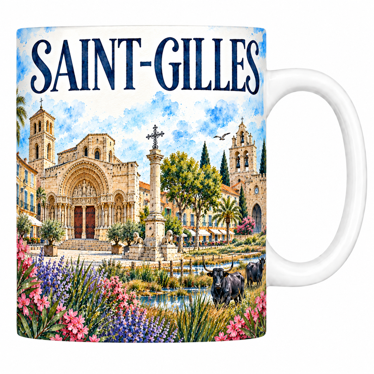 Mug céramique 330 ml Saint-Gilles : l'abbatiale romane et la Camargue en aquarelle