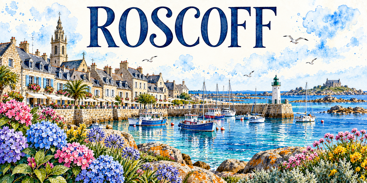 Roscoff en aquarelle : le clocher Renaissance à lanternons superposés de l'église à gauche, les maisons de granite à toits d'ardoise et lucarnes, les terrasses du quai, le port et ses chalutiers bleus et rouges, la jetée et son petit phare à lanterne verte, l'île au fond, les rochers de granite couverts de lichen orange, hortensias bleus et roses et agapanthes