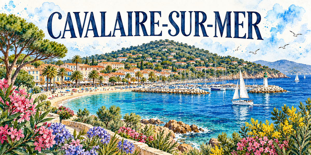 Cavalaire-sur-Mer en aquarelle : la baie en arc de cercle, les palmiers de la promenade et les parasols colorés sur le sable, les immeubles à toits de tuiles, la colline couverte de villas sous les pins, le port et ses mâts derrière la digue, un petit phare blanc à lanterne verte, un voilier, lauriers-roses, agapanthes et mimosas au premier plan