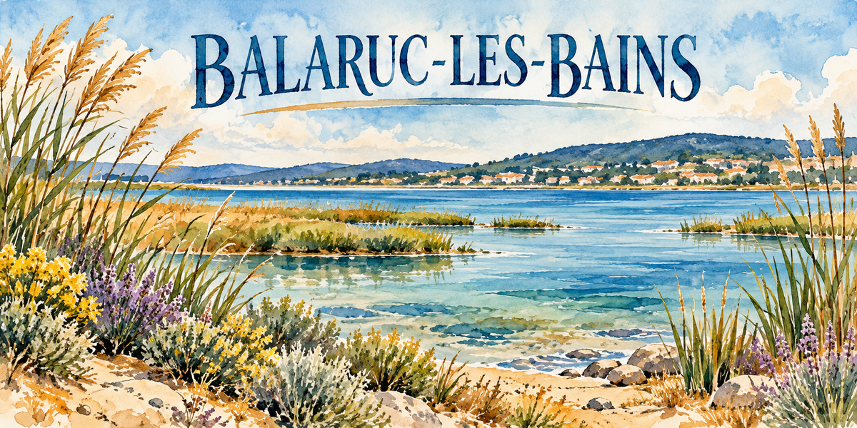 Balaruc-les-Bains en aquarelle : l'étang de Thau aux eaux turquoise au centre, des roselières et des îlots de joncs, une plage de sable clair à droite, la garrigue fleurie de genêts jaunes et de lavandes et de hautes graminées dorées au premier plan, la rive d'en face avec ses maisons à toits de tuiles et son coteau boisé, le nom de la ville souligné d'un trait