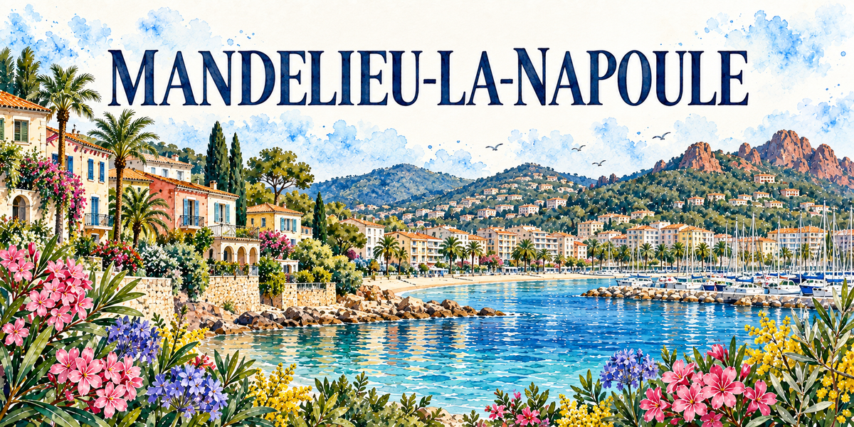 Mandelieu-la-Napoule en aquarelle : les villas ocre et jaunes à volets bleus sous les palmiers et les cyprès à gauche, la plage en arc et ses enrochements, les immeubles du front de mer, le port et ses mâts à droite, les roches rouges de l'Esterel au fond, mimosas, lauriers-roses et agapanthes au premier plan