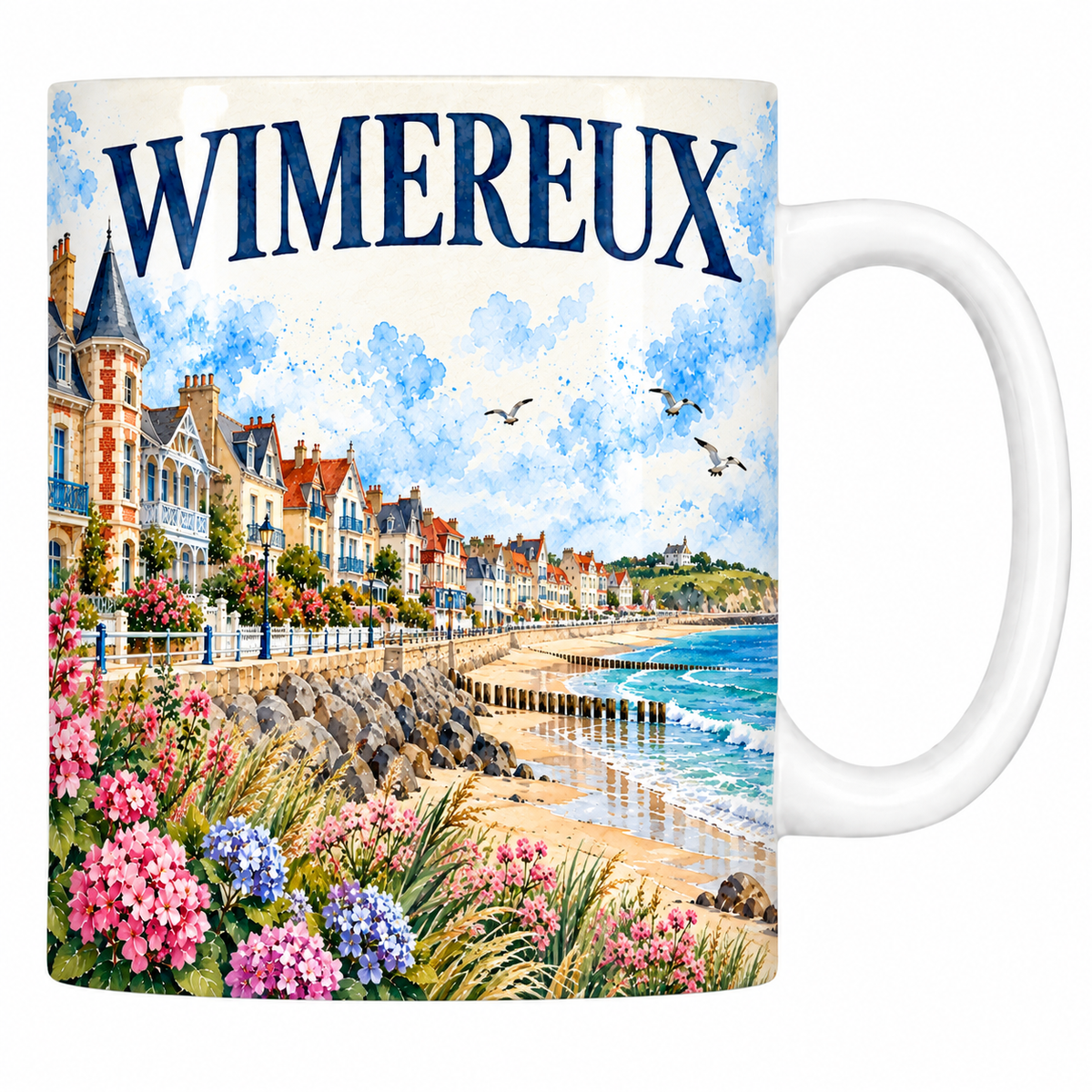 Mug céramique 330 ml Wimereux : la digue et les villas Belle Époque en aquarelle