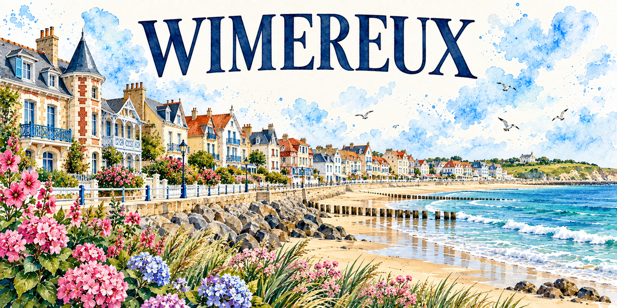 Wimereux en aquarelle : les villas anglo-normandes à tourelles, pans de bois et balcons bleus alignées à gauche, la digue-promenade avec ses balustrades et ses lampadaires, les enrochements, les brise-lames de bois plantés dans le sable, la grande plage et les vagues, la falaise au fond, roses trémières et hortensias bleus et roses au premier plan