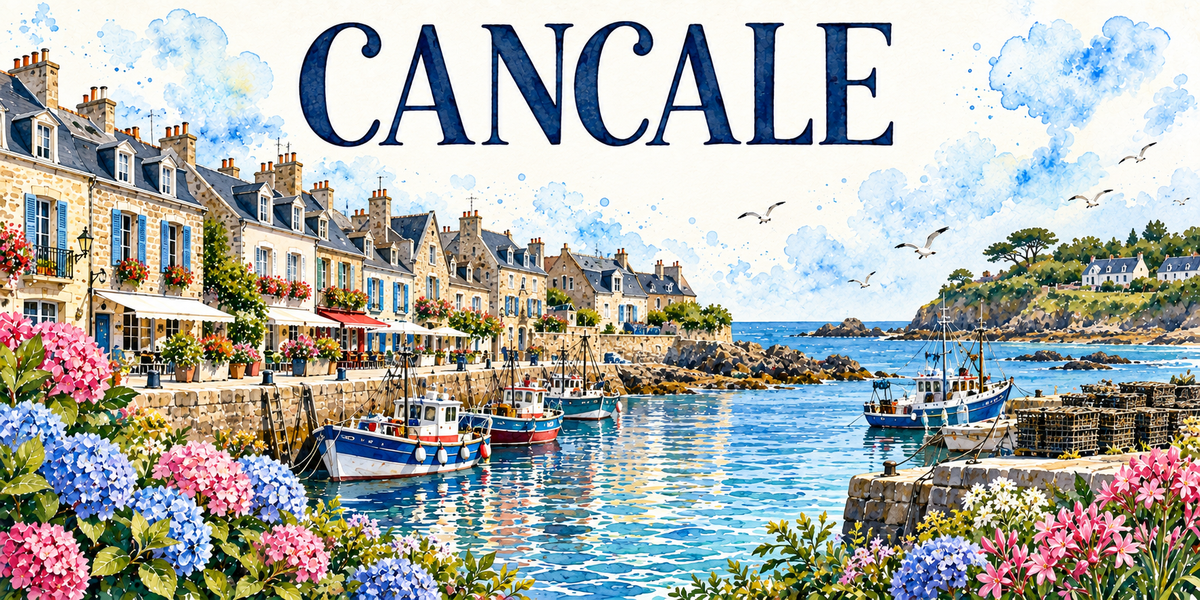 Cancale en aquarelle : les maisons de granit à volets bleus du quai de la Houle alignées à gauche avec leurs terrasses et leurs stores, les chalutiers rouges, bleus et blancs amarrés le long du mur, le bassin et ses reflets, les casiers à crustacés empilés sur la jetée à droite, la pointe rocheuse et ses maisons blanches au fond, hortensias bleus et roses au premier plan