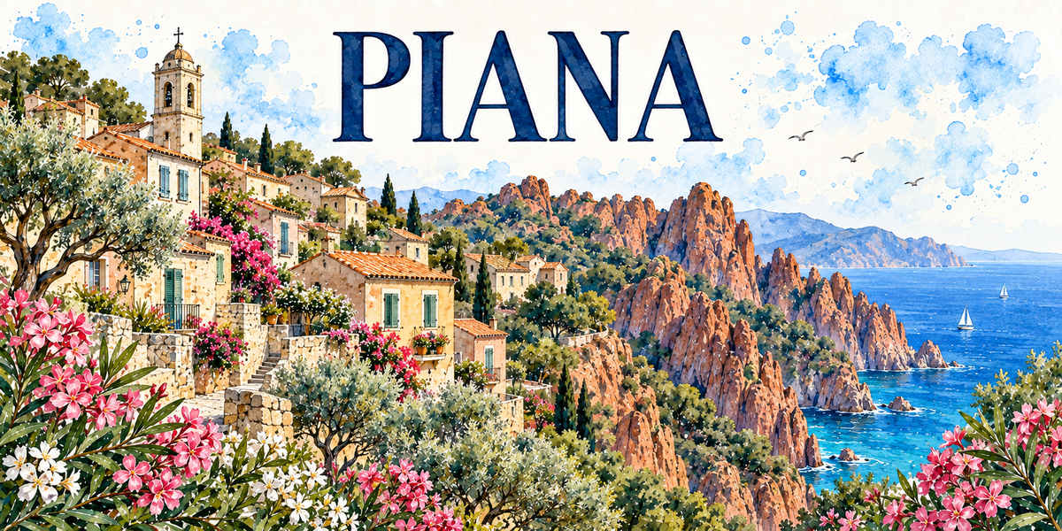 Piana en aquarelle : le clocher baroque à bulbe surmonté d'une croix à gauche, les maisons de pierre claire à volets verts étagées sur le versant avec leurs escaliers et leurs murets, les oliviers et les cyprès, les pitons de granite rose déchiquetés des Calanche plongeant dans le golfe de Porto, la mer bleue et un voilier au large, les montagnes au fond, lauriers-roses et marguerites au premier plan