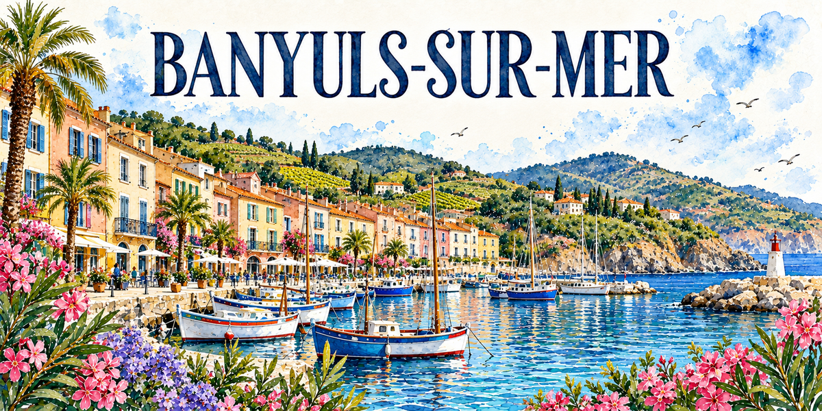Banyuls-sur-Mer en aquarelle : les façades ocre, jaunes et roses à volets bleus du front de mer alignées à gauche sous les palmiers, les parasols blancs des terrasses, les barques catalanes à proue relevée et les voiliers au mouillage dans la baie en arc, la digue d'enrochements et son petit phare rouge à droite, les collines de vignes en terrasses et de garrigue au fond, lauriers-roses et agapanthes au premier plan