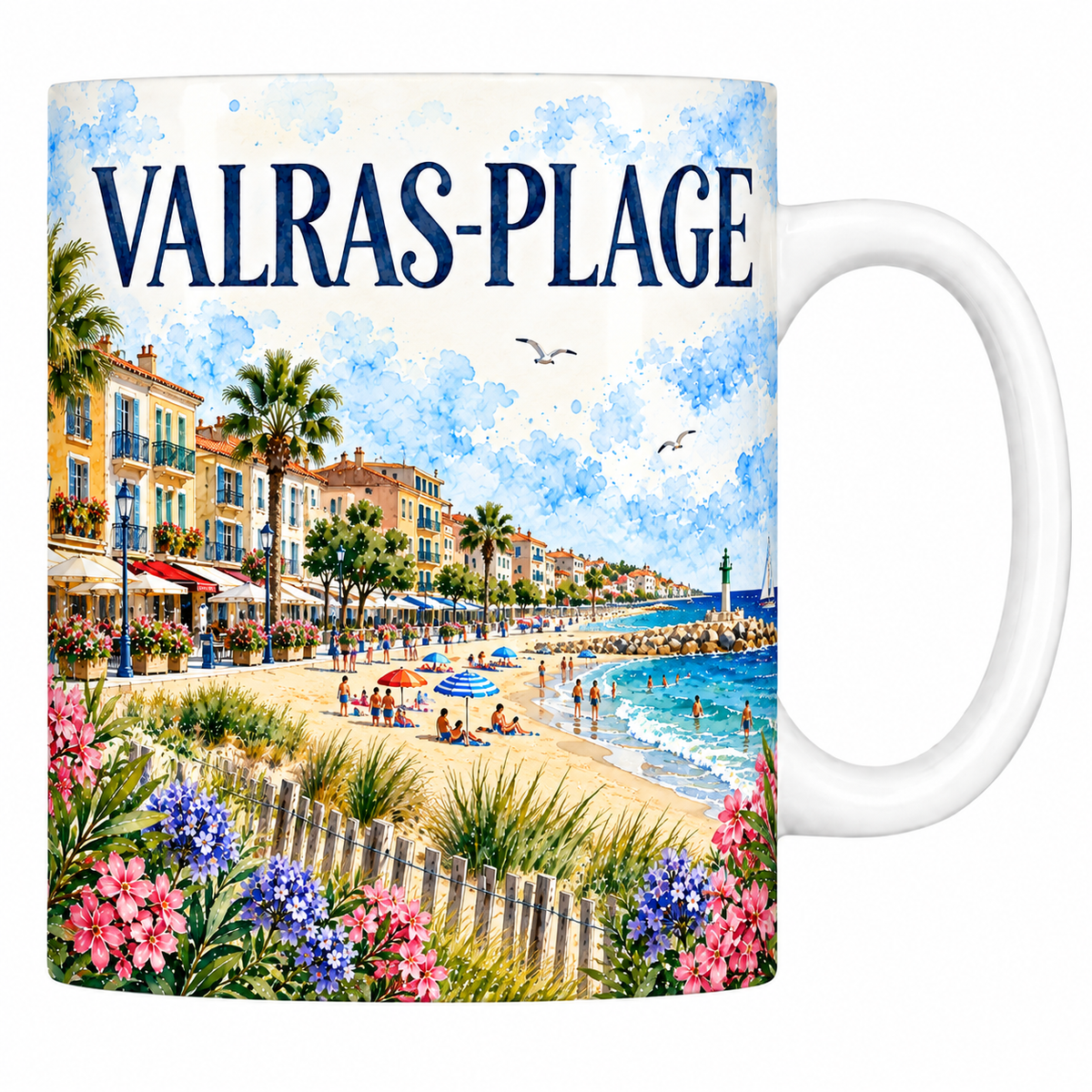 Mug céramique 330 ml Valras-Plage : le front de mer et la plage en aquarelle