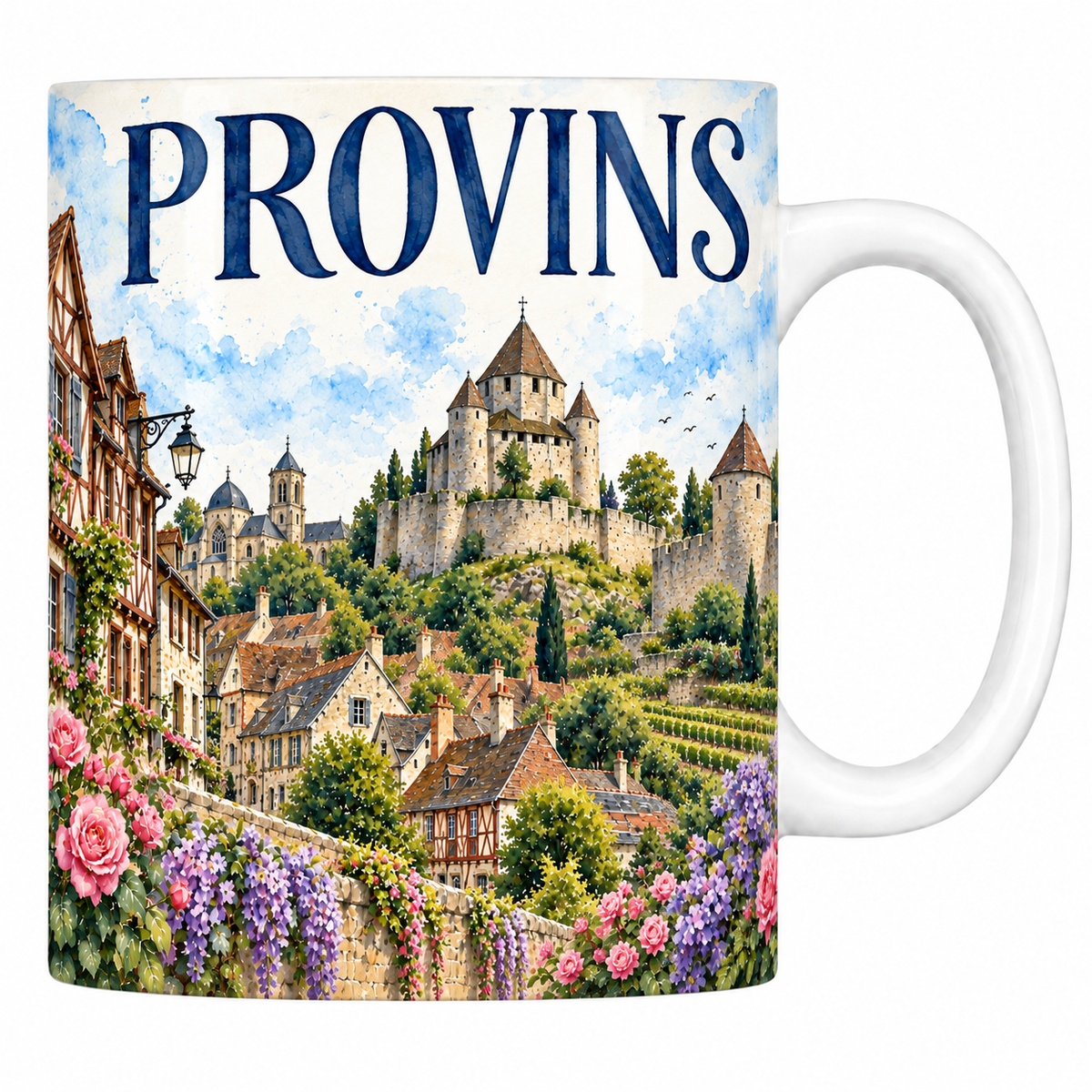 Mug céramique 330 ml Provins : la tour César et les remparts en aquarelle