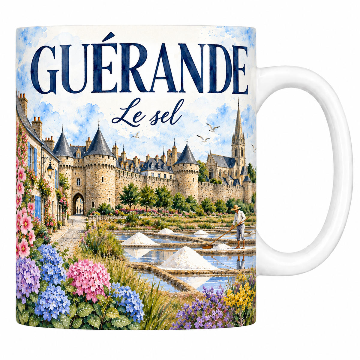 Mug céramique 330 ml Guérande : les remparts et les marais salants en aquarelle