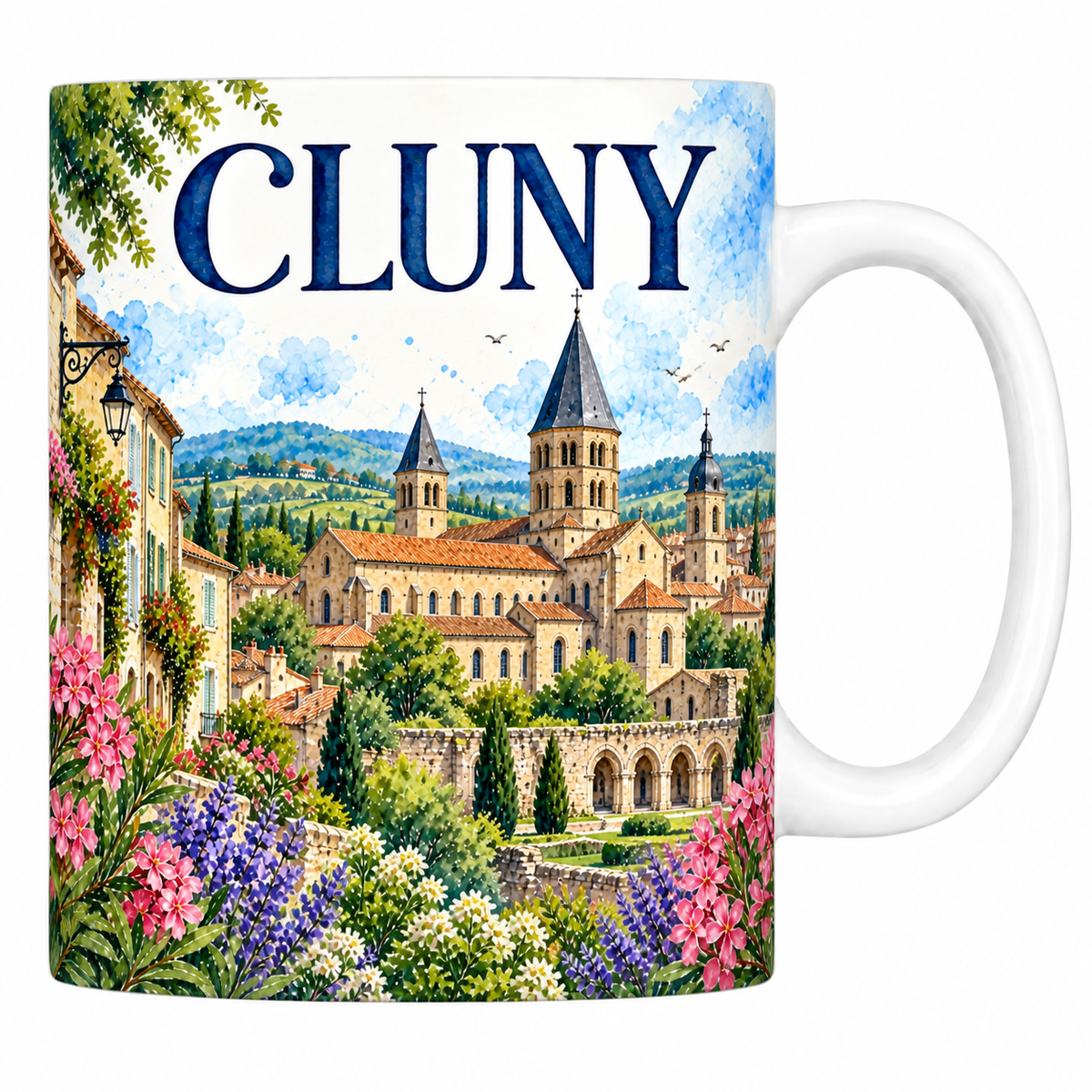 Mug céramique 330 ml Cluny : l'abbaye et son clocher en aquarelle