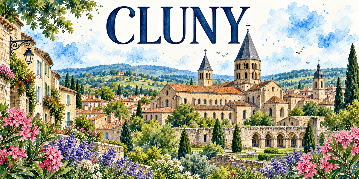 Cluny en aquarelle : les maisons de pierre claire à volets bleus de la rue en pente à gauche avec leur lanterne de fer forgé, l'abbaye au centre avec son clocher octogonal à flèche de pierre et ses toits de tuiles, les arcades et les murs du clos, les cyprès, les toits du bourg, les collines boisées du Mâconnais au fond, lauriers-roses et lavandes au premier plan