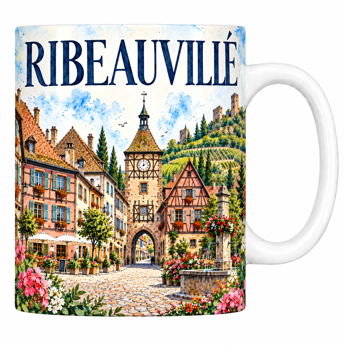 Mug céramique 330 ml Ribeauvillé : la rue à colombages et la tour en aquarelle