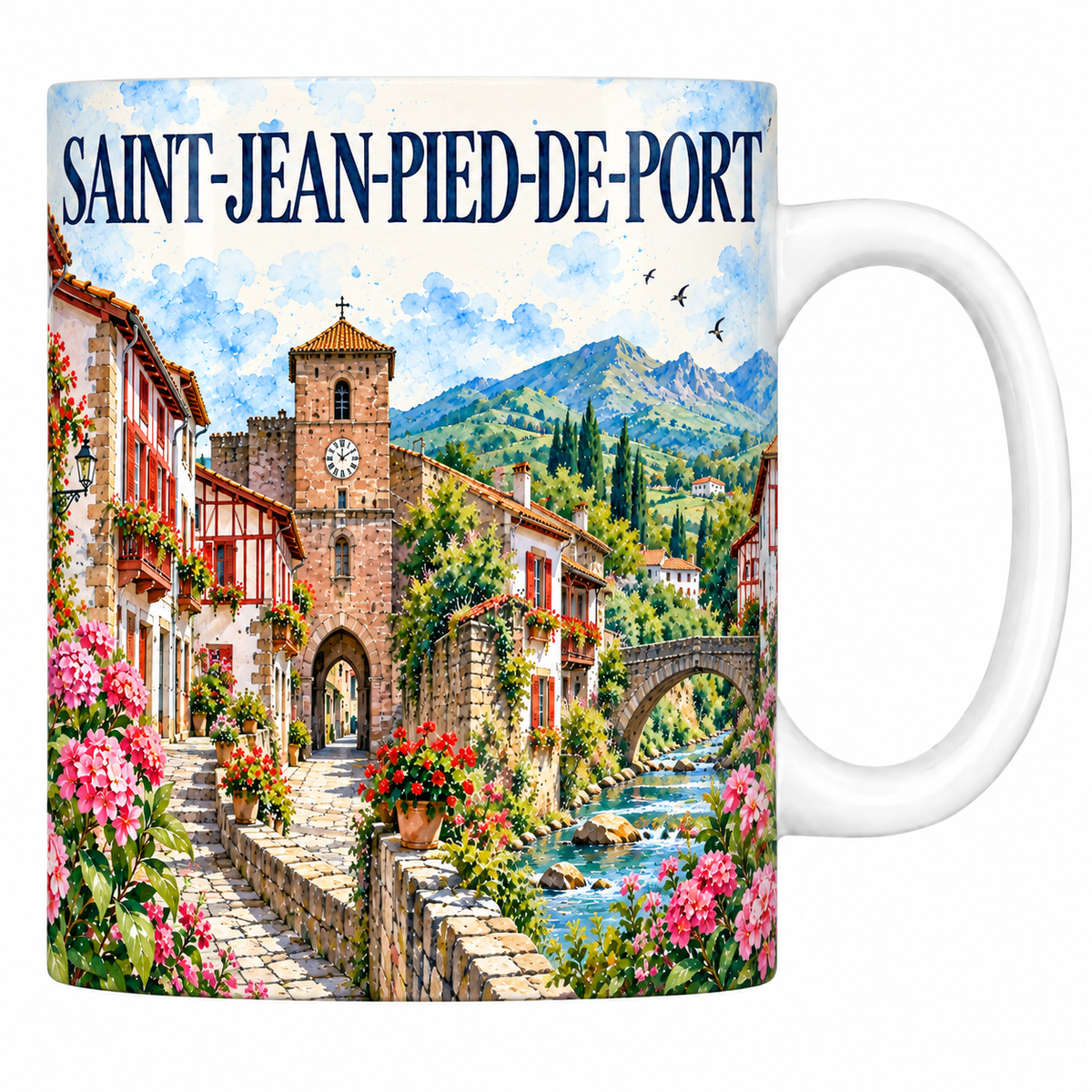 Mug céramique 330 ml Saint-Jean-Pied-de-Port : la rue et la porte fortifiée en aquarelle