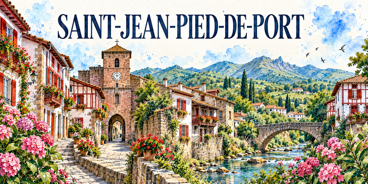 Saint-Jean-Pied-de-Port en aquarelle : la rue pavée en pente bordée de maisons basques rouges et blanches à colombages et géraniums à gauche, la porte fortifiée de pierre surmontée du clocher à horloge au centre, les maisons à balcons de bois au-dessus de la rivière, le vieux pont de pierre à arche, les collines et les montagnes basques au fond, hortensias roses au premier plan