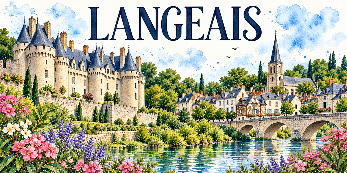 Langeais en aquarelle : le château à gauche avec ses tours rondes coiffées de toits d'ardoise coniques, son chemin de ronde à mâchicoulis et ses cheminées, les jardins en terrasse et les murs de soutènement, les maisons à toits d'ardoise du bourg et la flèche de l'église à droite, le pont de pierre à arches sur la Loire, lauriers-roses et lupins au premier plan