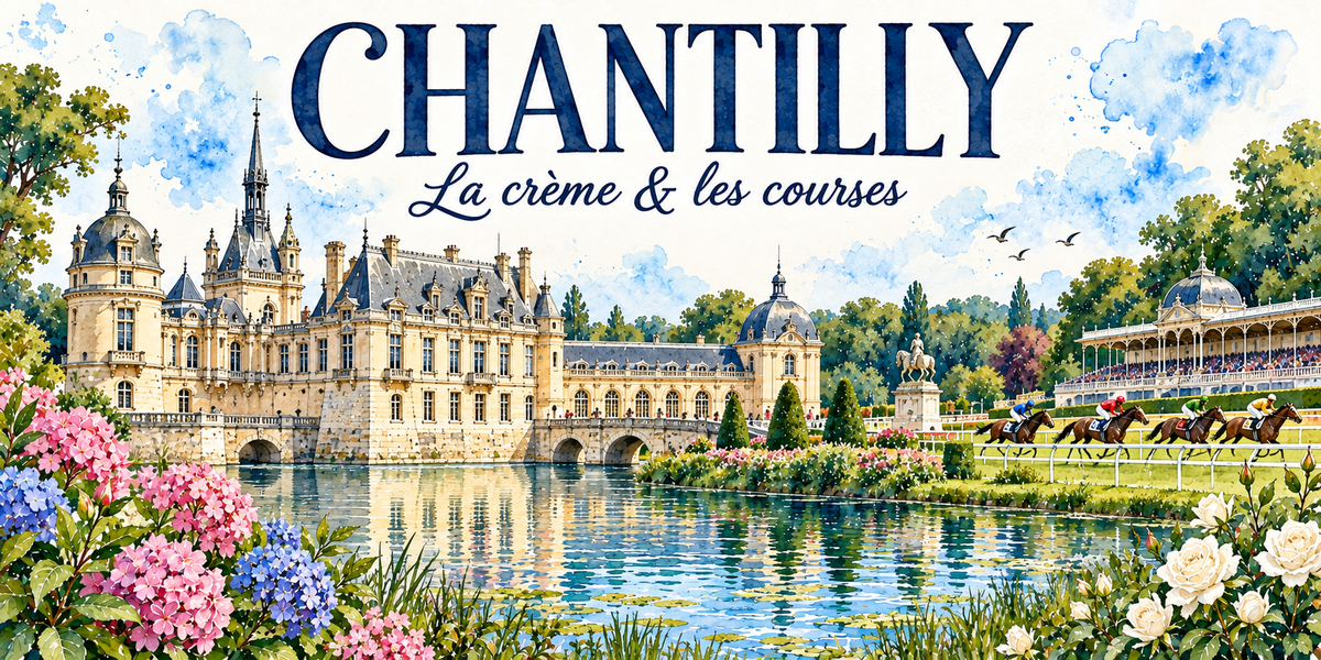 Chantilly en aquarelle : le château de pierre claire à toits d'ardoise et lucarnes reflété dans le miroir d'eau à gauche, le pont et les arches sur les douves, le dôme des Grandes Écuries, une statue équestre sur son socle, les parterres et les ifs taillés, la piste de l'hippodrome à droite avec ses chevaux lancés et sa tribune, hortensias roses et bleus et roses blanches au premier plan