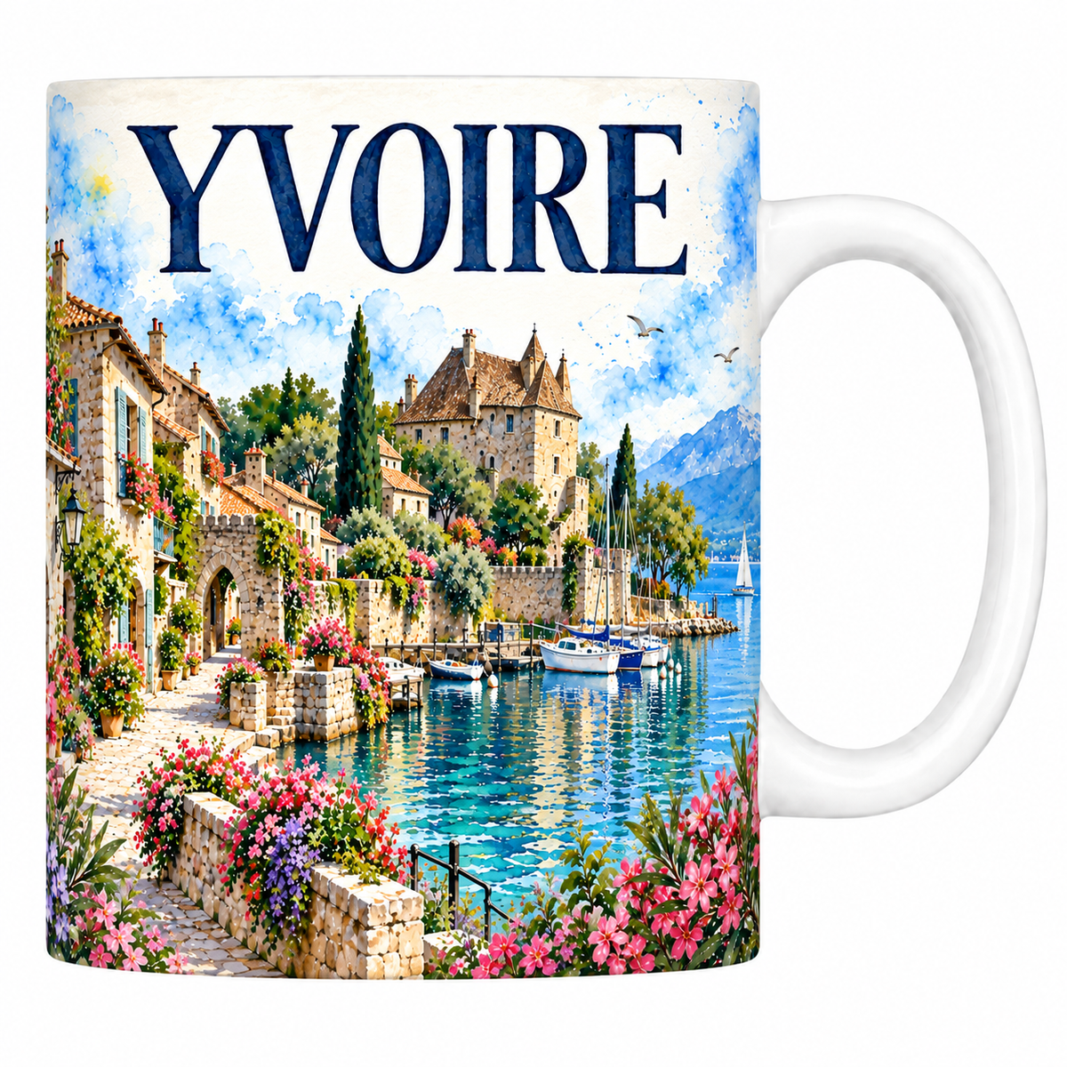 Mug céramique 330 ml Yvoire : le village fleuri et le port en aquarelle