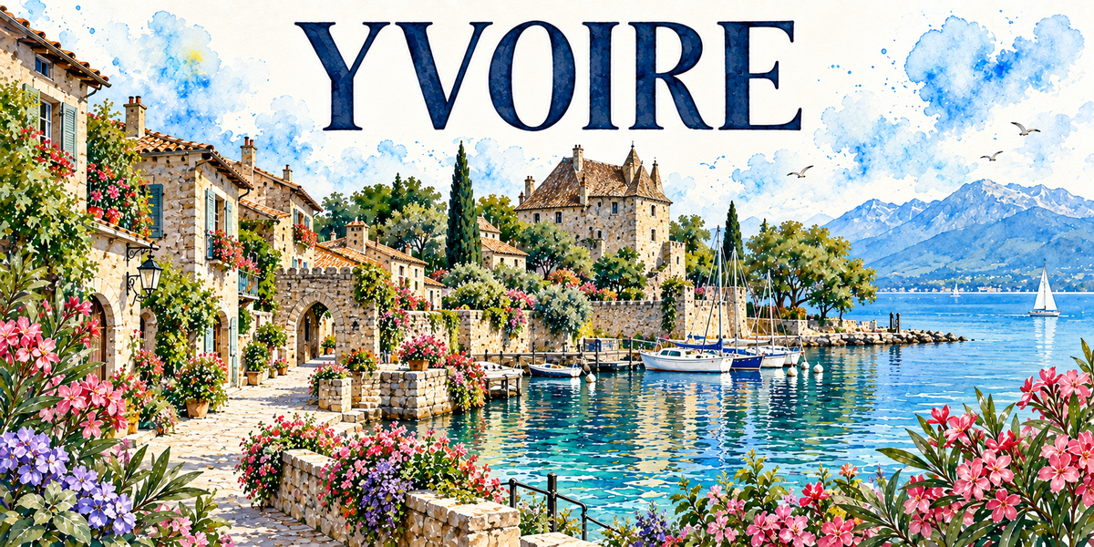 Yvoire en aquarelle : la ruelle pavée bordée de maisons de pierre à volets bleus croulant sous les fleurs à gauche avec sa lanterne de fer forgé, la porte fortifiée en arc, le château carré et ses tourelles à toit brun au centre, les cyprès, le petit port et ses voiliers amarrés, le lac Léman et les Alpes enneigées au fond, lauriers-roses et hortensias au premier plan