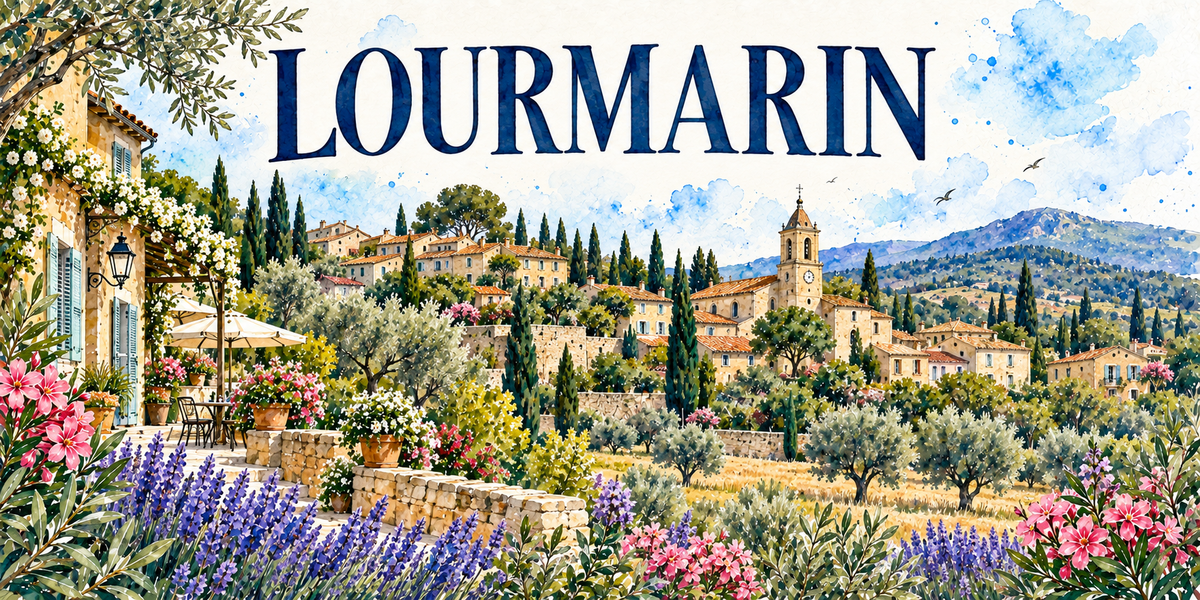 Lourmarin en aquarelle : une terrasse de pierre avec son parasol et sa table à gauche, les murets de pierre sèche, les lavandes en rangs et les lauriers-roses, l'oliveraie et ses arbres espacés, le village étagé aux toits de tuiles avec son clocher à horloge et flèche de pierre au centre, les cyprès, les collines du Luberon au fond