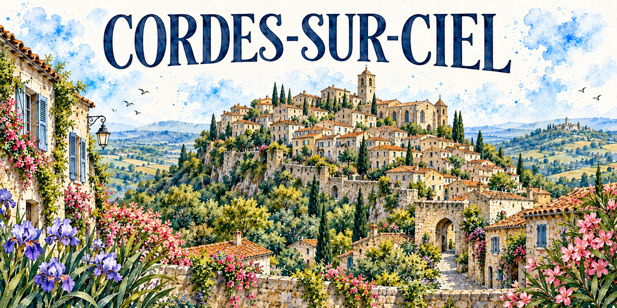 Cordes-sur-Ciel en aquarelle : le village perché sur son piton au centre avec ses maisons de pierre blonde étagées à toits de tuiles et son clocher, les remparts et la porte fortifiée en arc à droite, la ruelle pavée qui monte, les maisons fleuries à volets bleus et leur lanterne de fer forgé à gauche, les cyprès, les collines du Tarn au fond, iris violets et lauriers-roses au premier plan