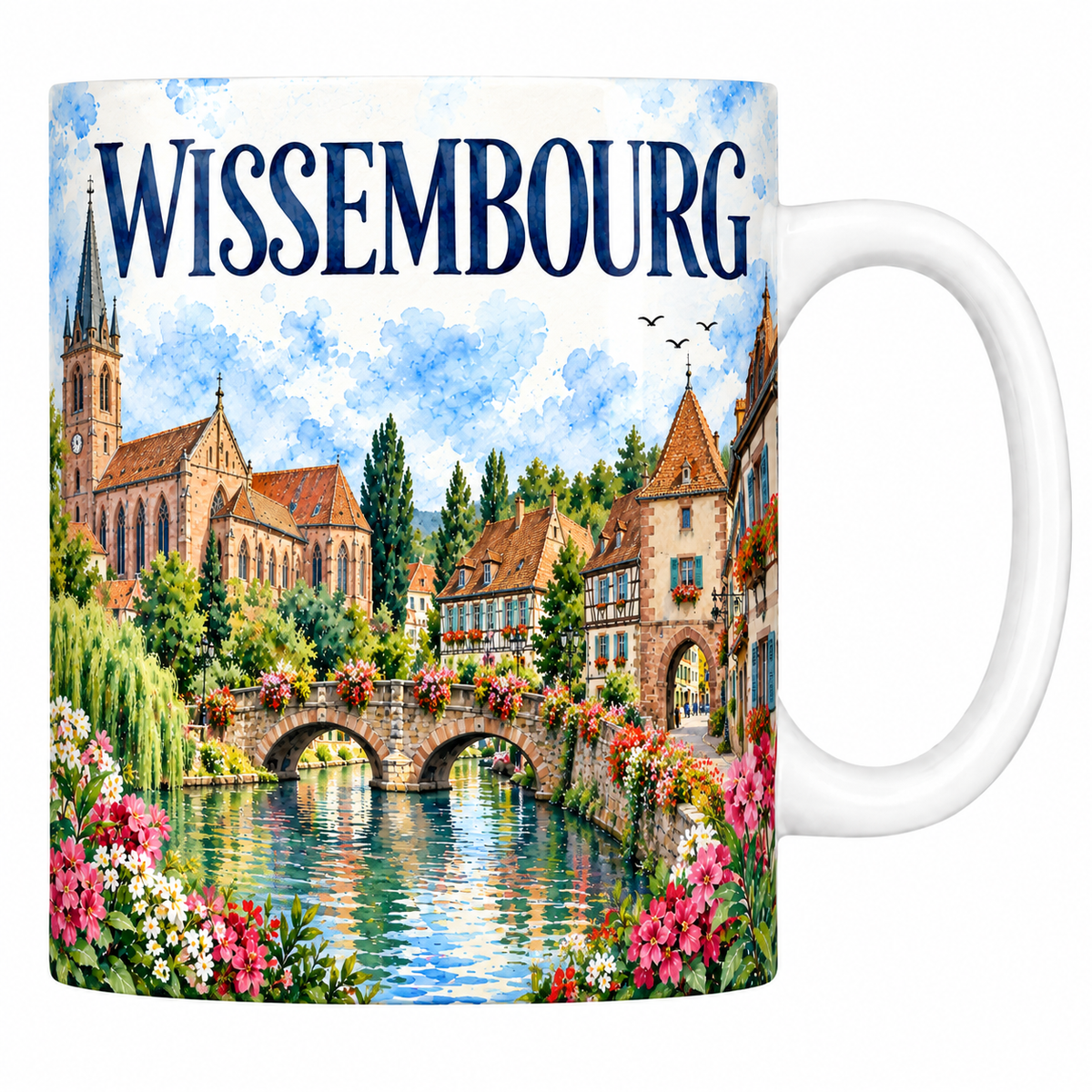 Mug céramique 330 ml Wissembourg : l'abbatiale et la Lauter en aquarelle