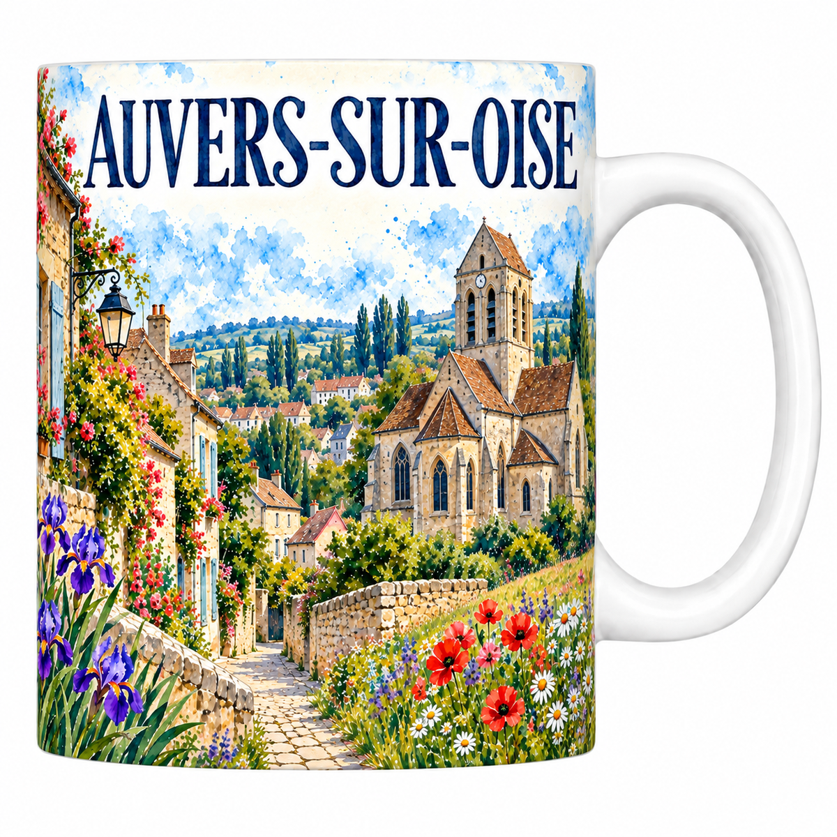 Mug céramique 330 ml Auvers-sur-Oise : l'église et le champ en aquarelle
