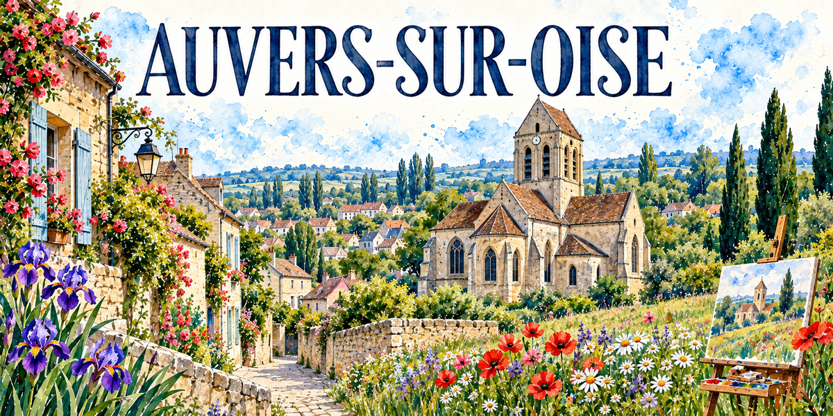 Auvers-sur-Oise en aquarelle : les maisons de pierre à volets bleus et leur lanterne de fer forgé à gauche, le chemin pavé qui descend entre les murs de pierre, l'église vue du chevet au centre avec ses contreforts, ses baies gothiques et son clocher à horloge, le champ de coquelicots rouges et de marguerites, un chevalet de peintre avec sa toile en cours à droite, la vallée et les toits au fond, iris violets au premier plan
