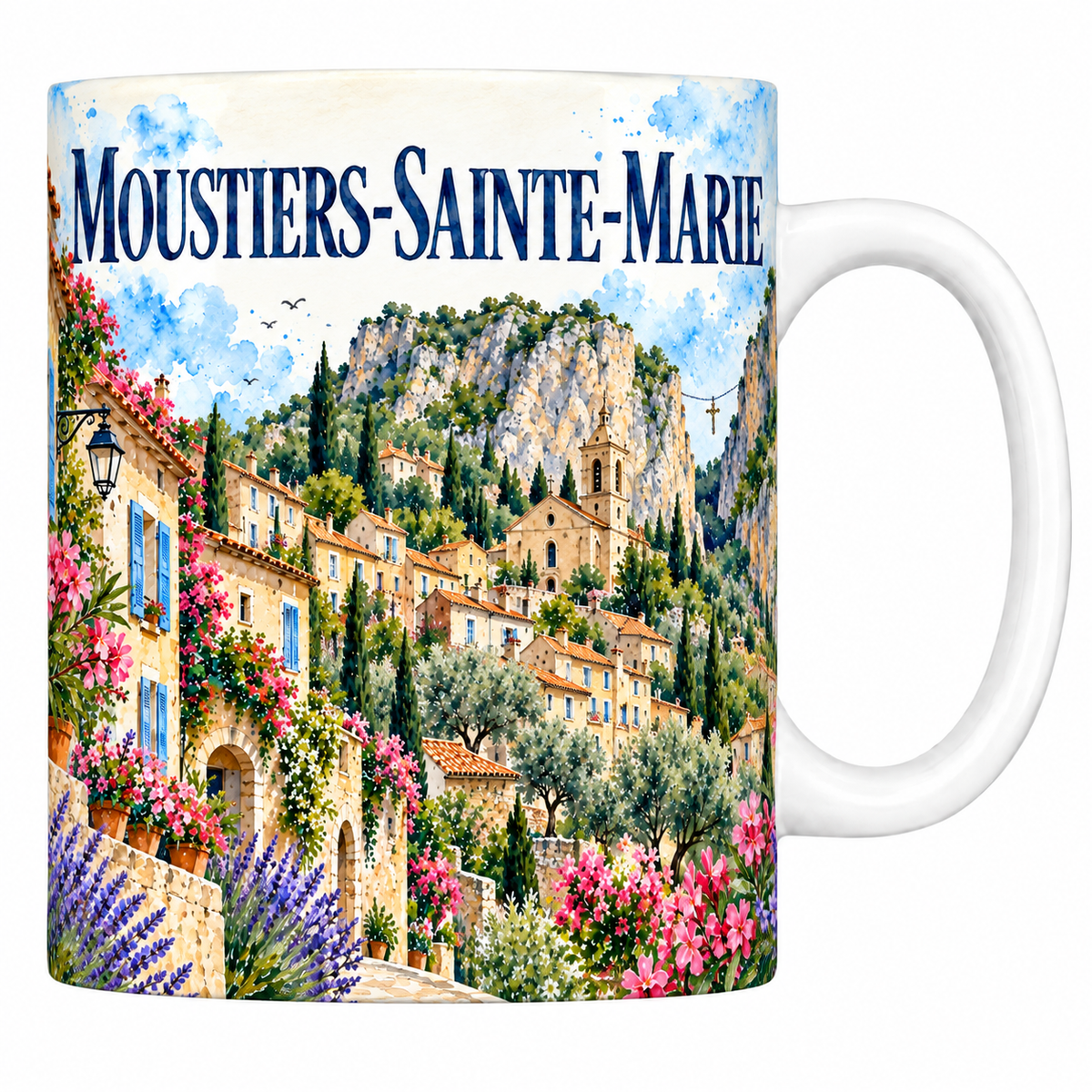 Mug céramique 330 ml Moustiers-Sainte-Marie : le village et la falaise en aquarelle