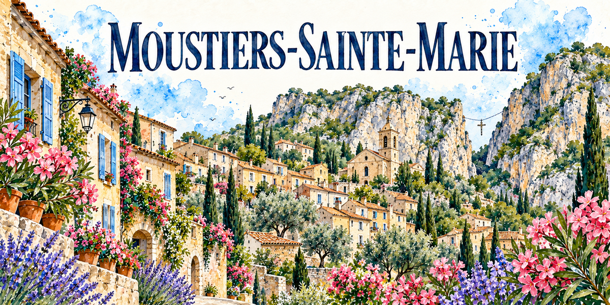 Moustiers-Sainte-Marie en aquarelle : les maisons de pierre claire à volets bleus étagées contre la falaise avec leurs pots de fleurs et leur lanterne de fer forgé à gauche, le clocher carré à arcatures au centre, les oliviers, les cyprès et les escaliers de pierre, les hautes parois calcaires et la chaîne tendue entre les deux rochers au fond, lavandes et lauriers-roses au premier plan