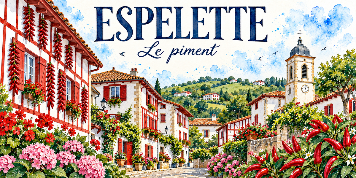 Espelette en aquarelle : les maisons blanches à colombages et volets rouge sang alignées à gauche, les cordes de piments rouges suspendues en façade et séchant au soleil, le clocher carré à horloge au centre, les toits de tuiles, les collines boisées du Pays basque au fond, hortensias et fleurs rouges au premier plan