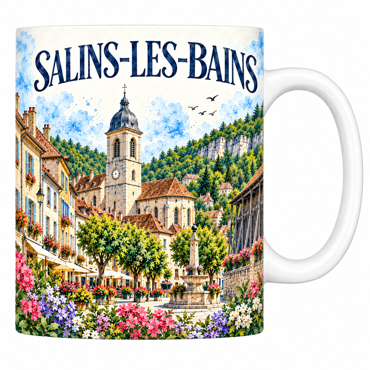 Mug céramique 330 ml Salins-les-Bains : la place, la fontaine et le clocher en aquarelle