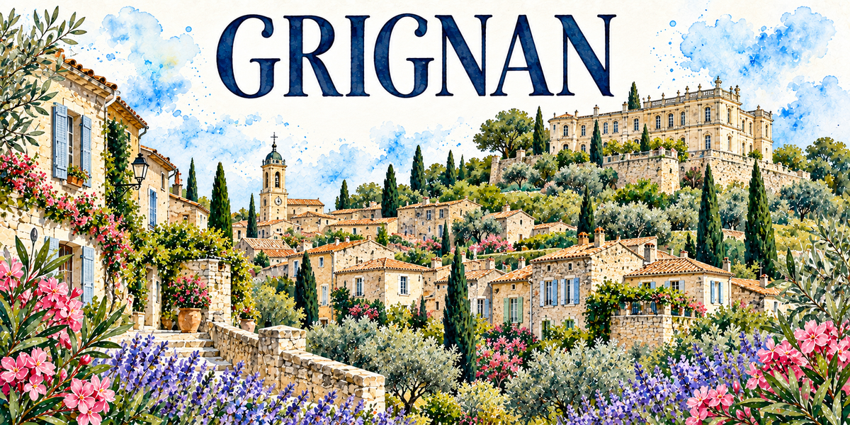 Grignan en aquarelle : le château en silhouette sur son éperon rocheux dominant le village, les maisons étagées aux toits de tuiles rondes, le clocher, les oliviers aux feuillages gris-vert, les rangs de lavande en fleur dans la plaine, les collines de la Drôme provençale au fond, fleurs mauves et romarin au premier plan