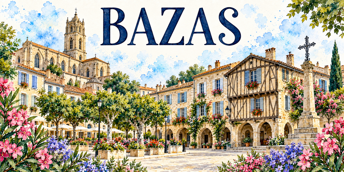 Bazas en aquarelle : la longue place en pente bordée de maisons sur arcades à gauche et à droite, la cathédrale de pierre claire et son clocher au fond, les platanes taillés au carré, la croix de pierre sur son socle, les toits de tuiles et le ciel clair du Bordelais, fleurs et arbustes au premier plan