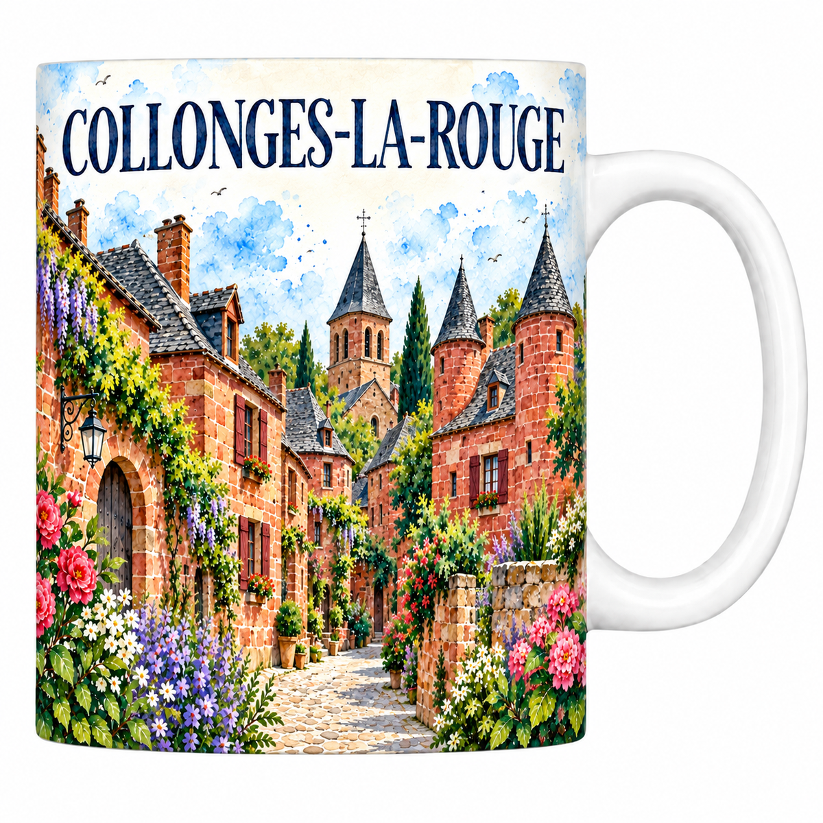Mug céramique 330 ml Collonges-la-Rouge : la ruelle de grès rouge et les tourelles en aquarelle