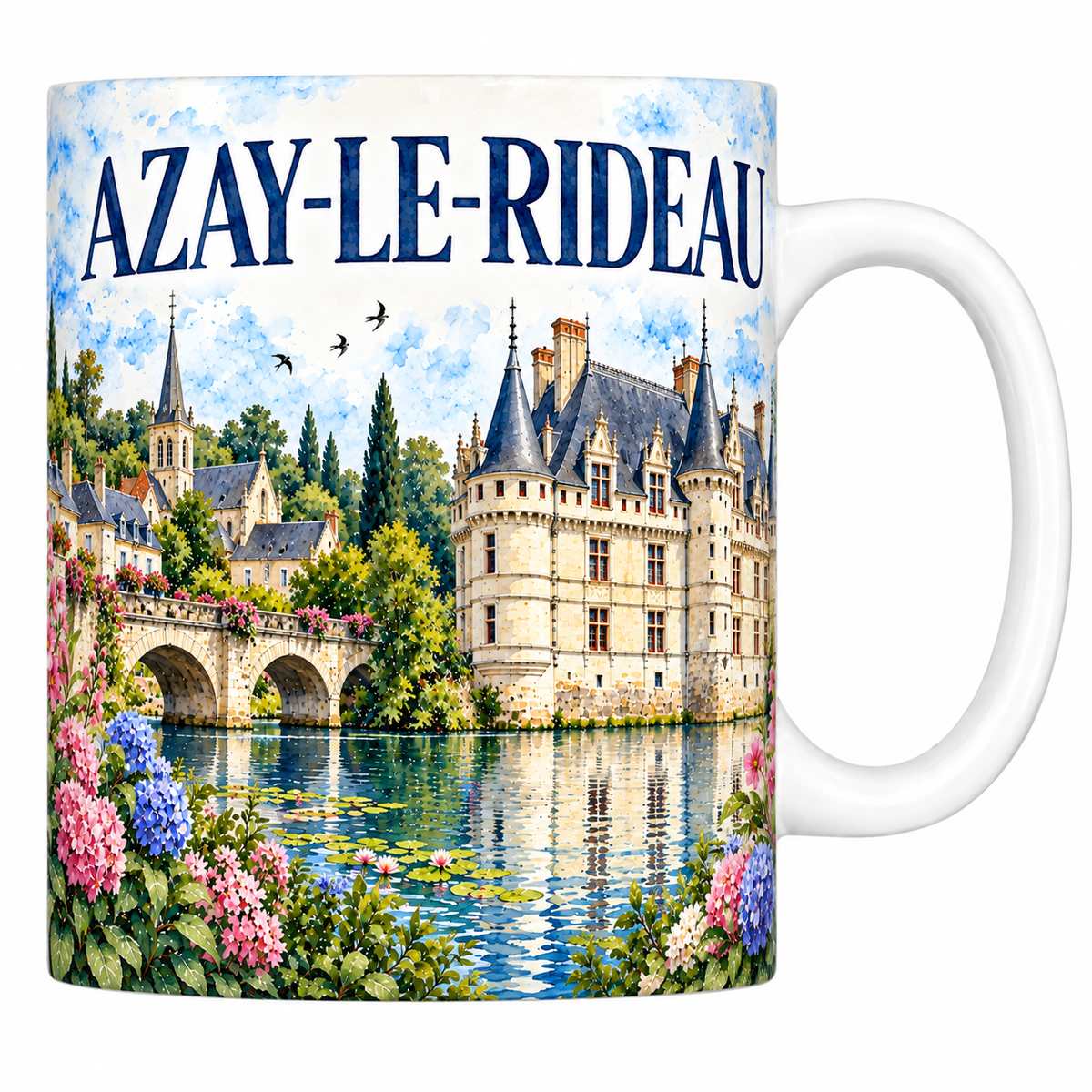 Mug céramique 330 ml Azay-le-Rideau : le château et son reflet dans l'eau en aquarelle