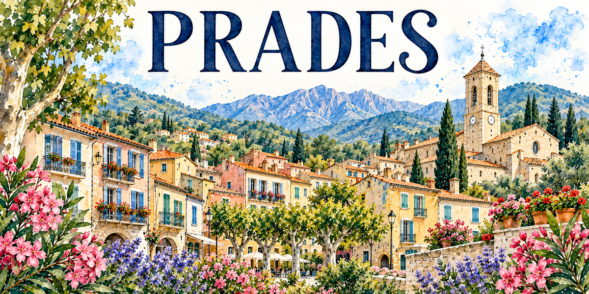 Prades en aquarelle : la place bordée de façades pastel à volets bleus et balcons de fer forgé à gauche, les arcades et les terrasses, les platanes taillés au centre, le clocher roman carré à horloge et son toit de tuiles à droite, les cyprès, les crêtes des Pyrénées catalanes au fond, lauriers-roses et lavandes au premier plan