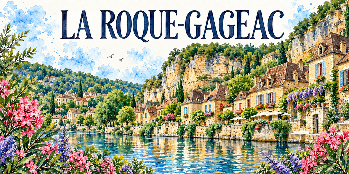 La Roque-Gageac en aquarelle : la haute falaise calcaire ocre dominant le village, les maisons de pierre blonde aux toits bruns et aux volets bleus étagées contre la paroi, les glycines mauves et les plantes grimpantes sur les façades, le quai de pierre et les parasols, la Dordogne au premier plan avec ses reflets, les coteaux boisés du Périgord noir au fond, lauriers-roses et fleurs