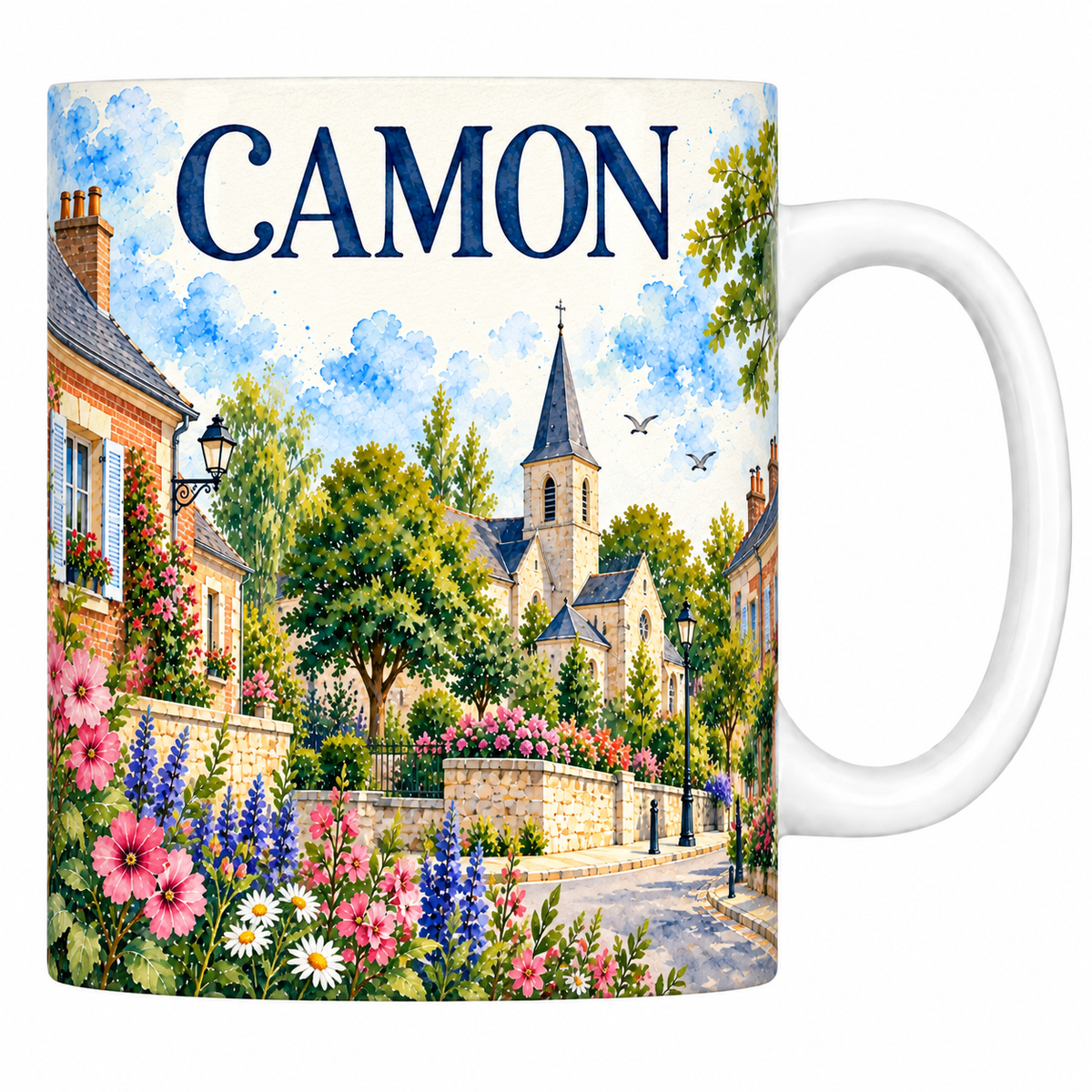 Mug céramique 330 ml Camon : les maisons de brique et l'église en aquarelle