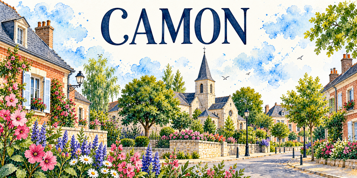 Camon en aquarelle : la rue bordée à gauche et à droite de maisons de brique rouge à volets bleus et toits d'ardoise, l'église de pierre claire et sa flèche d'ardoise au centre derrière les arbres, le muret de pierre et la grille, les lampadaires de fonte, les massifs de cosmos roses, de delphiniums bleus et de marguerites au premier plan