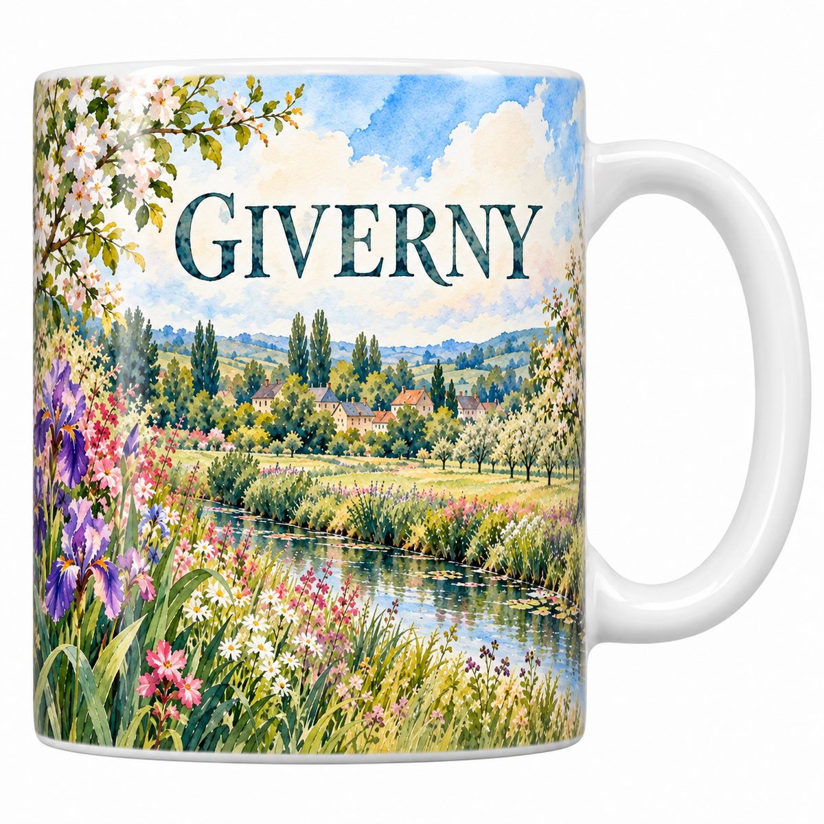 Mug céramique 330 ml Giverny : les vergers en fleur, les iris et le hameau normand en aquarelle